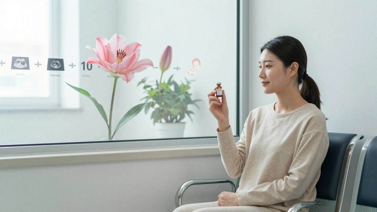 Žena v čekárně s hormonálním lékem, za ní časová osa růstu folikulů.