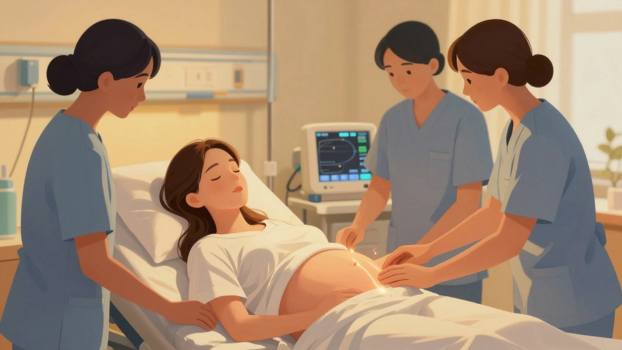 Žena v porodu je podporována porodní asistentkou v klidné porodní místnosti.