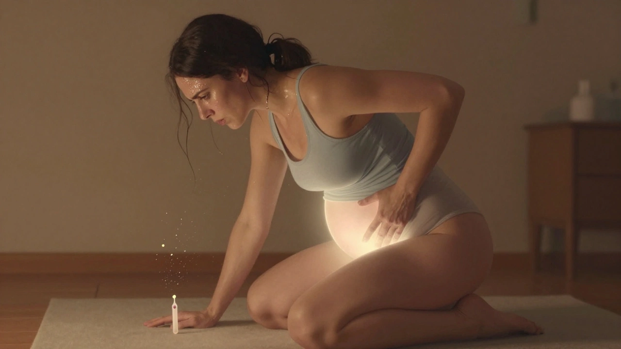 Žena v porodu se opírá o porodní míč, na obličeji má znaky intenzity a záře kolem břicha.