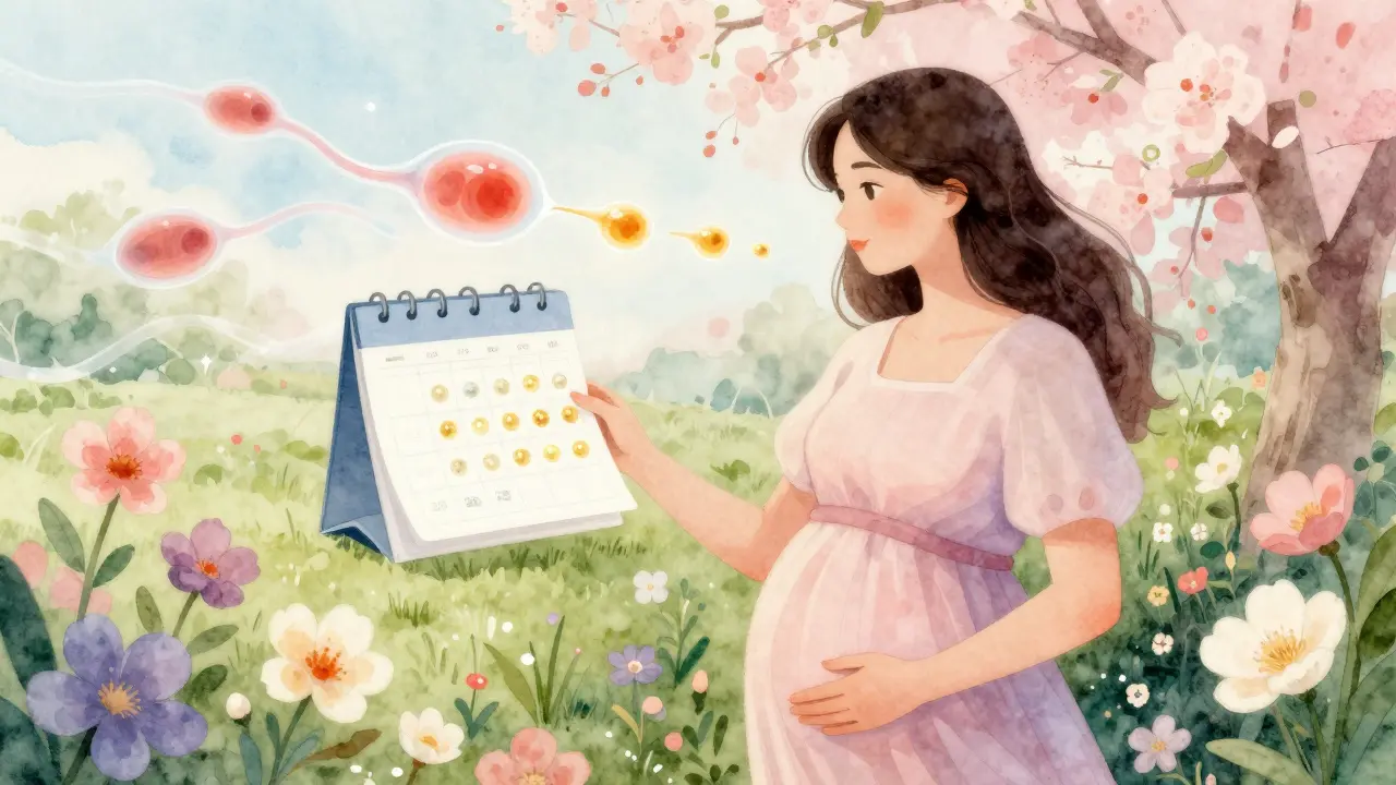 Žena v zahradě s květinami a přehledem ovulačních dnů jako zlatých teček.