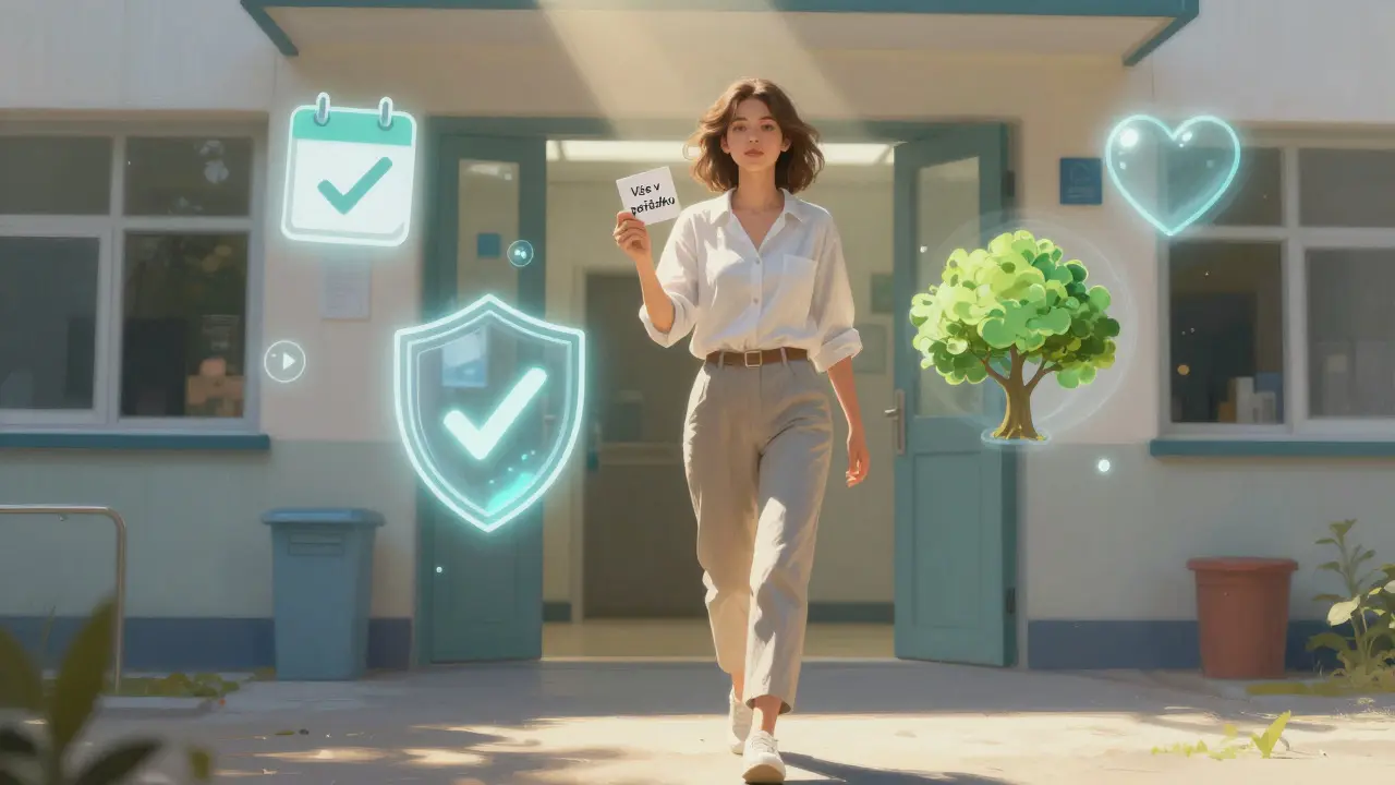 Žena vychází z kliniky se zprávou 'Vše v pořádku', kolem ní symboly zdraví a klidu.
