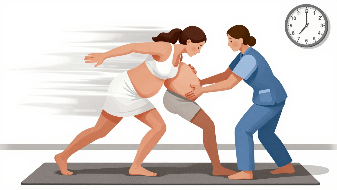 Zkušená maminka v aktu porodu, podporovaná porodní asistentkou, s časem 2 hodiny na hodinách.