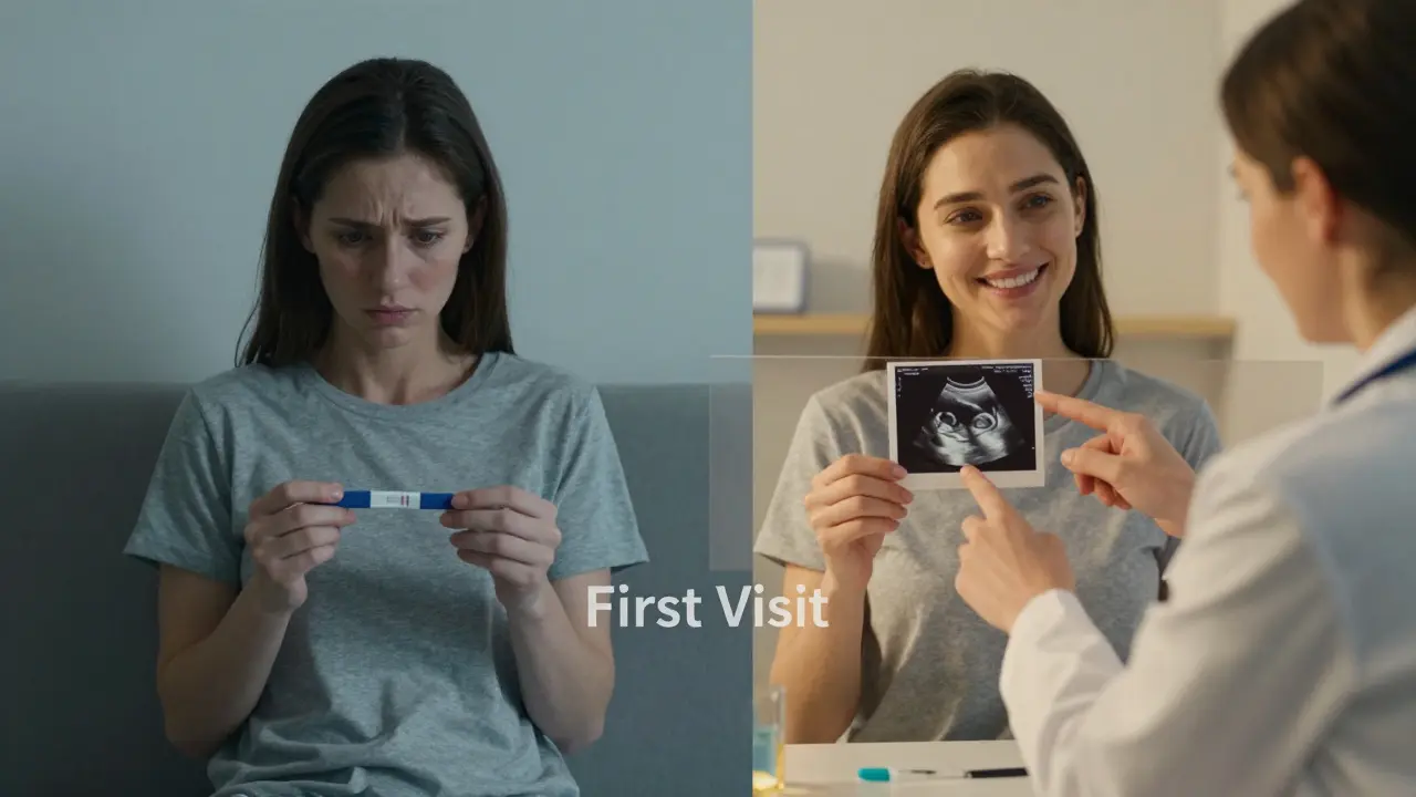 Dvě verze těhotné ženy: jedna osamělá a znepokojená, druhá s dvojčaty na ultrazvuku — přechod z úzkosti k klidu.