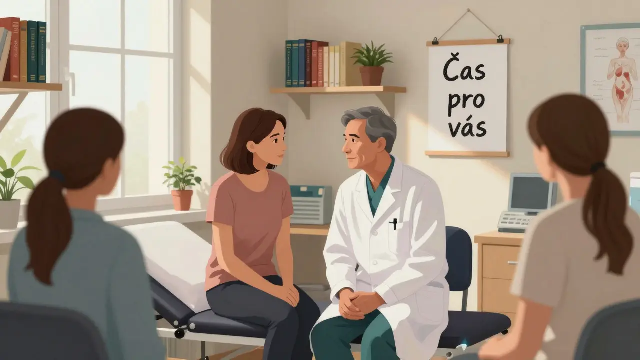 Gynekolog poslouchá pacientku v klidné, osvěžené ordinaci s přirozeným světlem, bez hluků a davů.