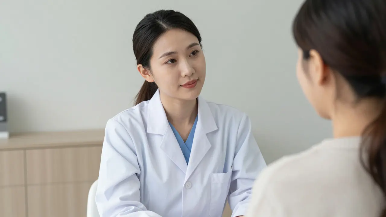 Gynekoložka komunikuje s pacientkou s důvěrou během vyšetření, bez nátlaku nebo stresu.