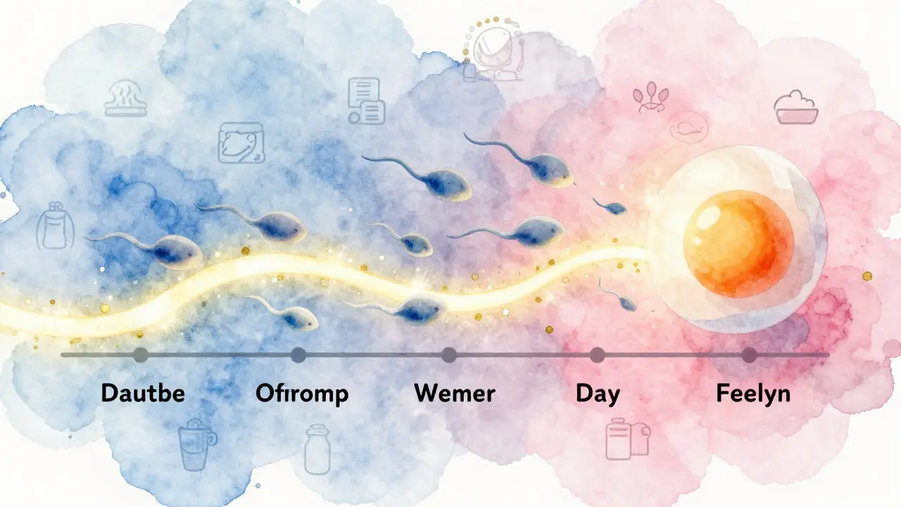 Ilustrace plodného okna s vajíčkem a spermiemi, symbolizující časovou přesnost oplodnění.