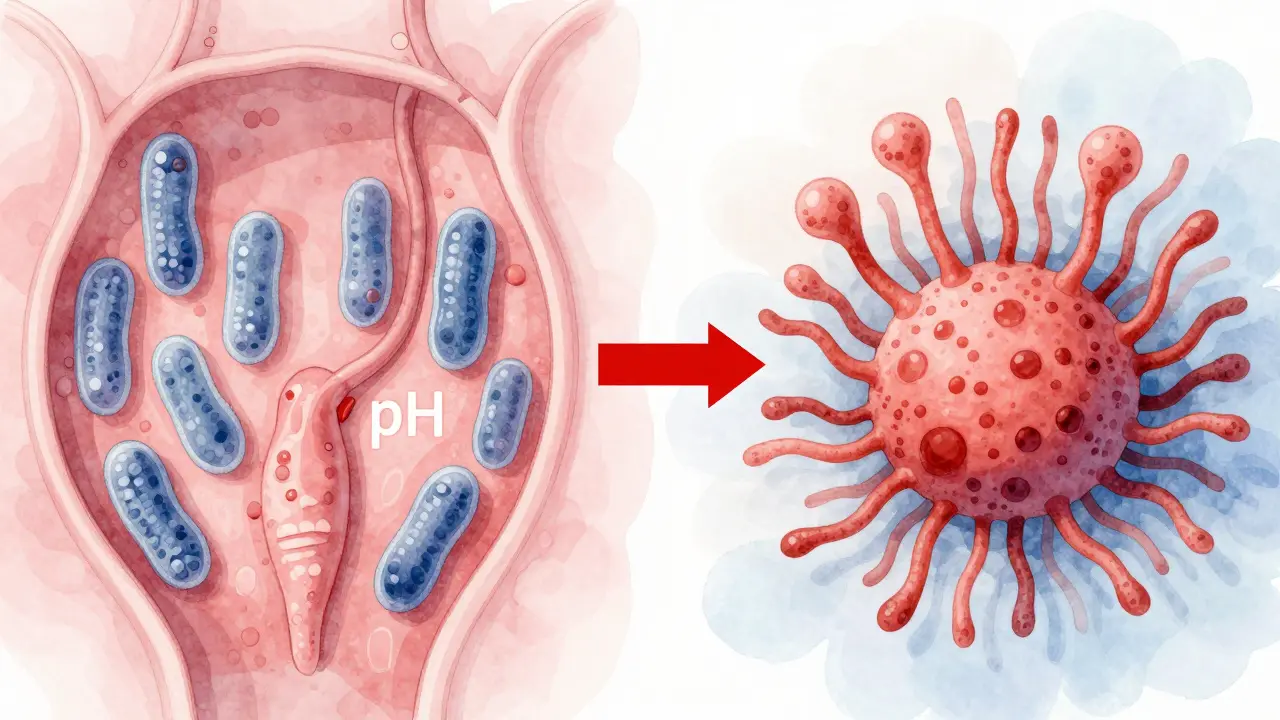 Ilustrace rovnováhy mikrobiomu pochvy: zdravé laktobacily vs. přemnožené kvasinky.
