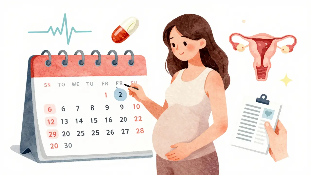 Ilustrace těhotenství s kalendářem, srdcovou čárou, folicovou kyselinou a embryem v pastelových tónech.