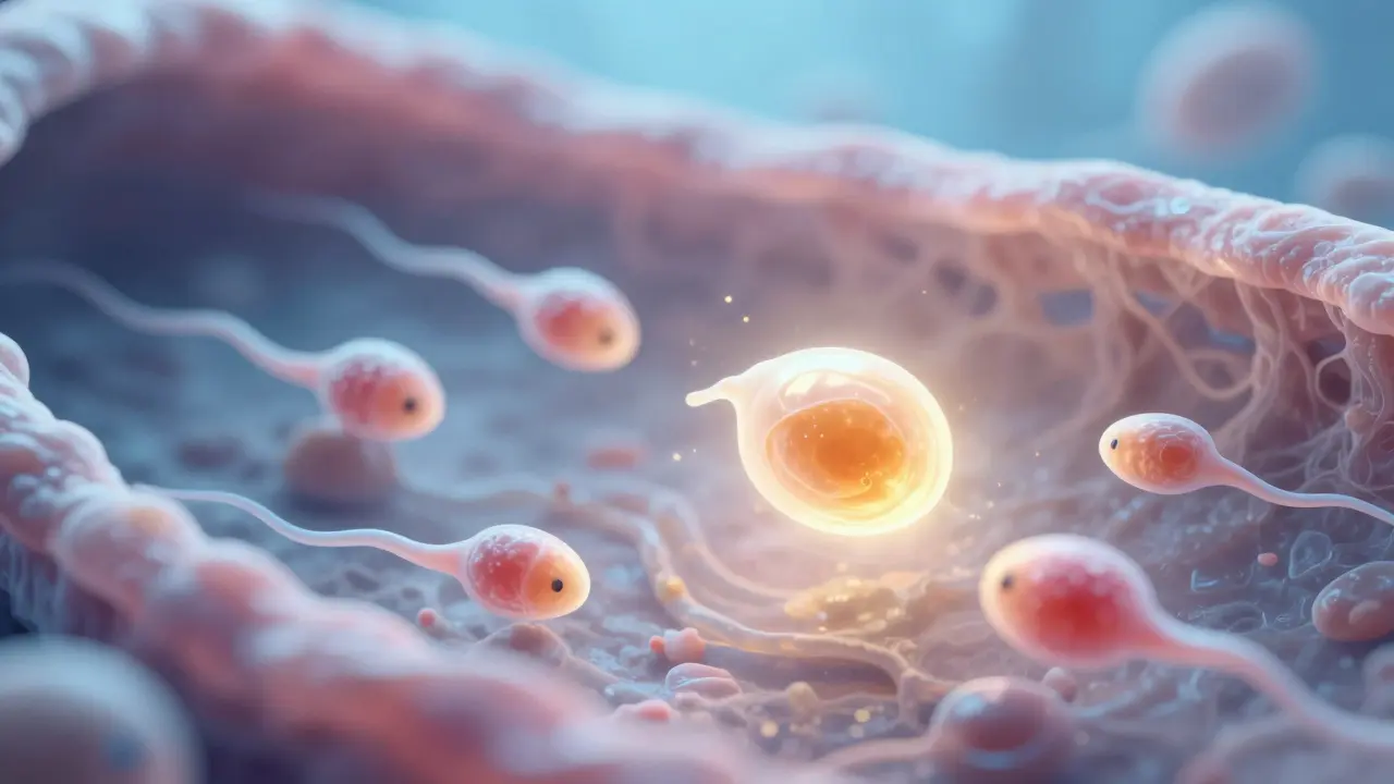 Mikroskopický pohled na vajíčko a spermie ve vejcovodu.