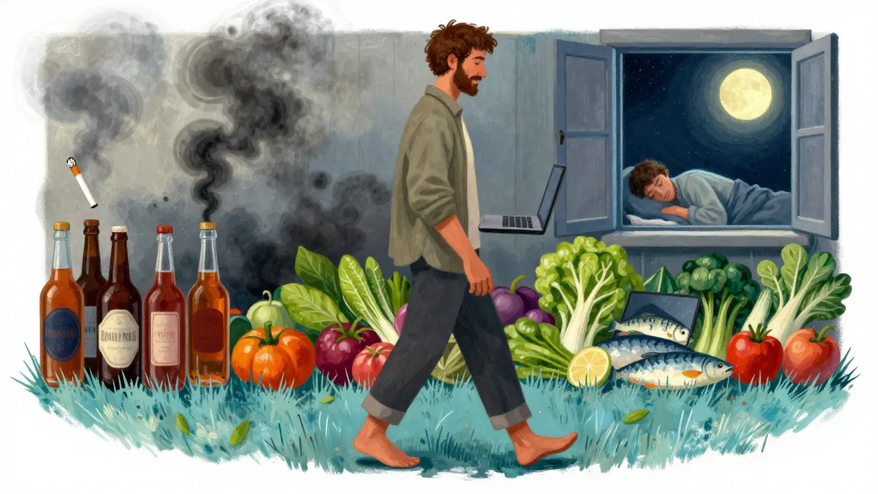 Muž chodí bosou po trávě, vyhýbá se horkému počítači, zatímco za ním se proti sobě vynořují zdravé a škodlivé návyky.