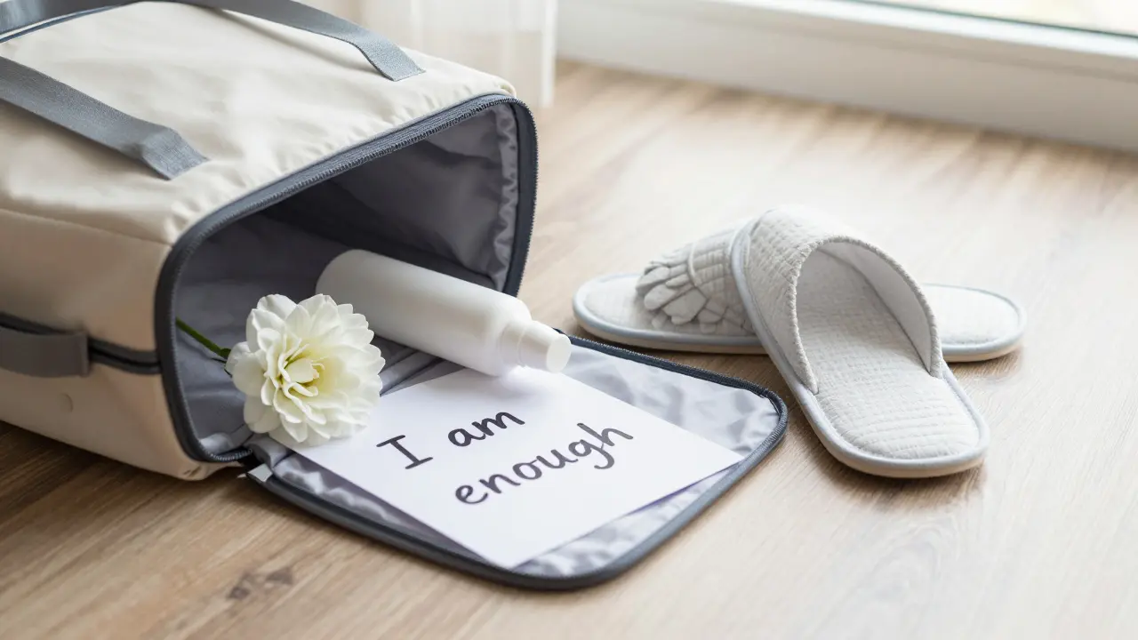 Otevřený těhotenský batoh s potřebami pro porod a jednou květinou, symbolizující přípravu a sebevědomí.