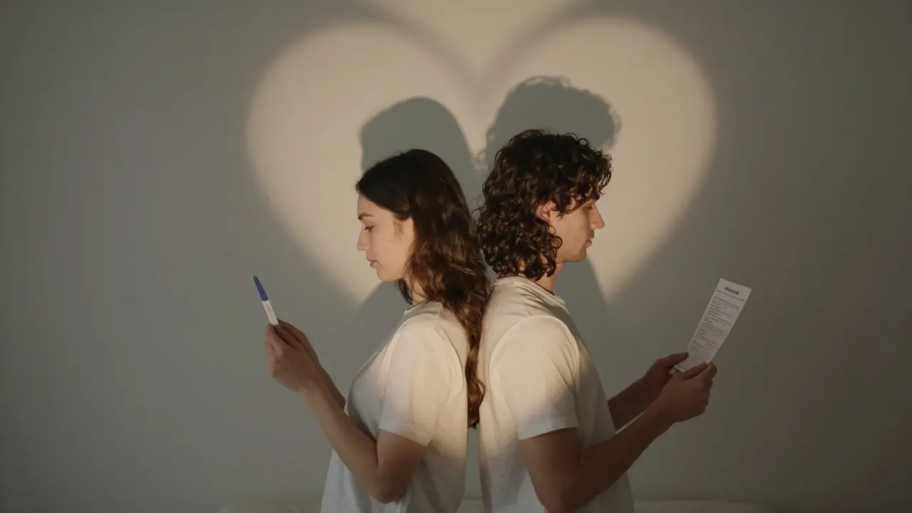 Pár drží výsledky testu na ovulaci a spermiogram, jejich stíny tvoří srdce.