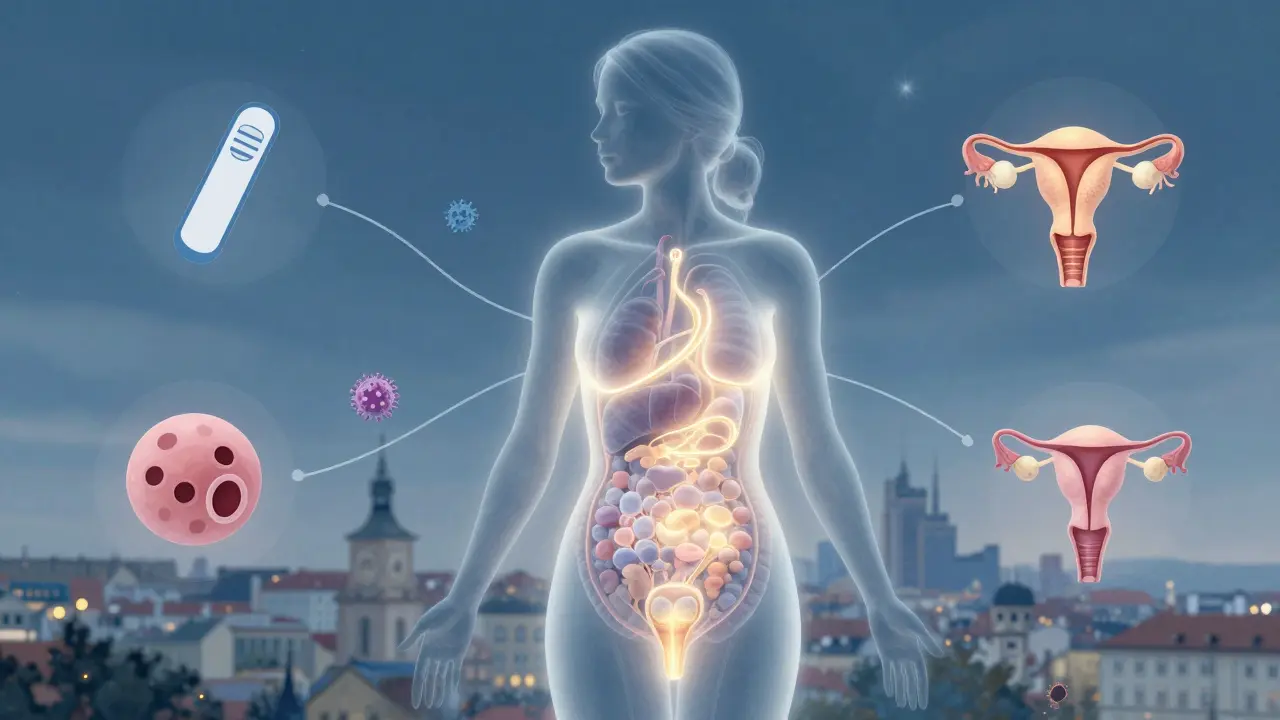 Průhledný ženský silueta s osvětlenými vnitřními orgány a symboly ženského zdraví nad Prahou.