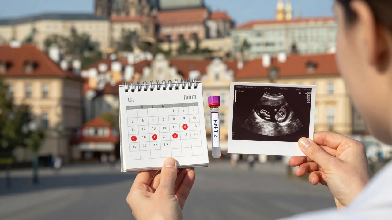 Ruka drží kalendář s označenými gynekologickými prohlídkami a lékařskými přístroji.