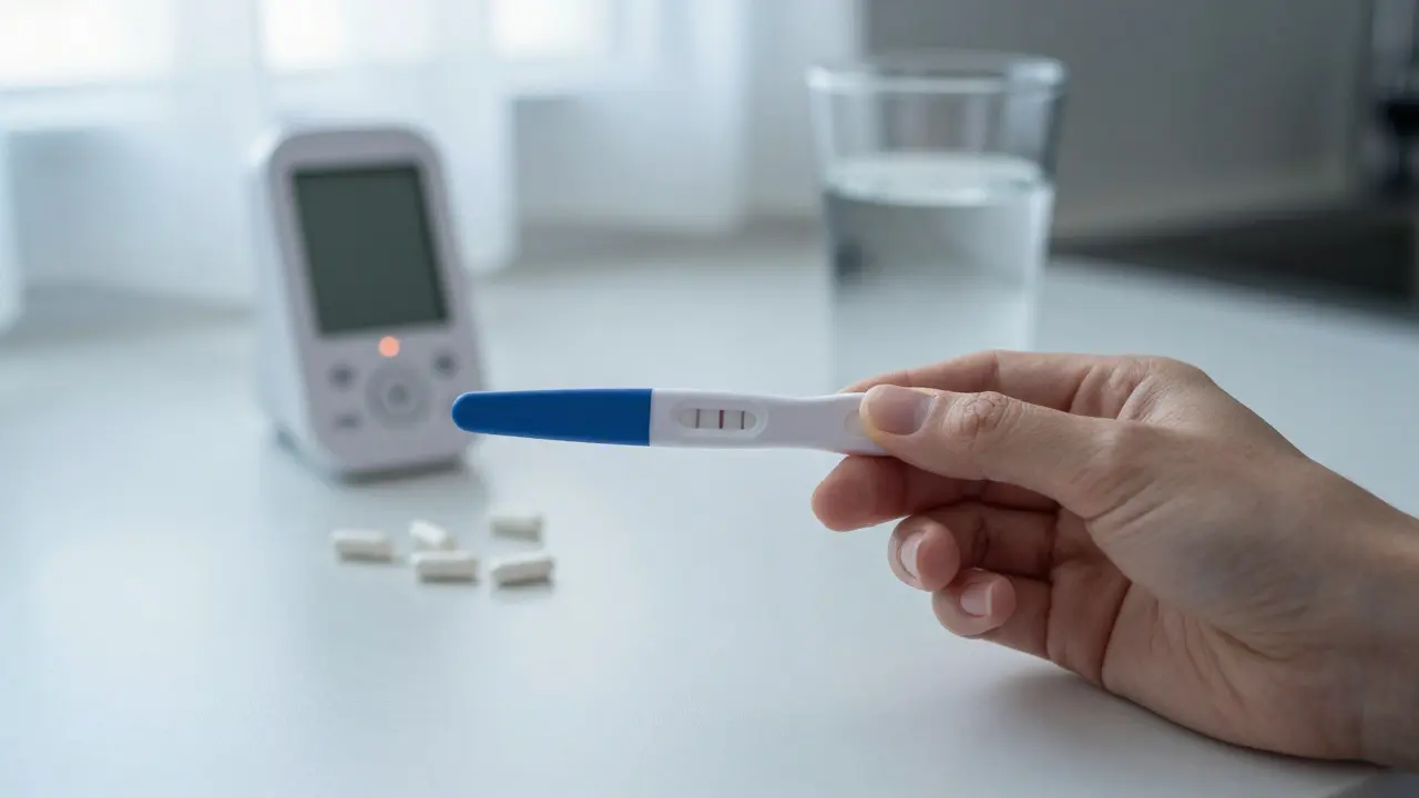 Ruka drží test na ovulaci na kuchyňské konzole s monitorovacím zařízením na pozadí.