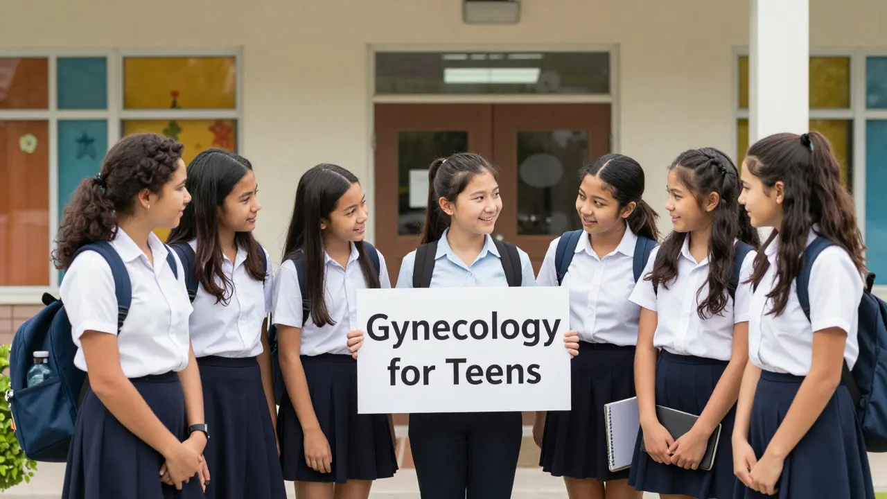 Skupina dívek stojí před klinikou pro teenagery s nadějným výrazem.