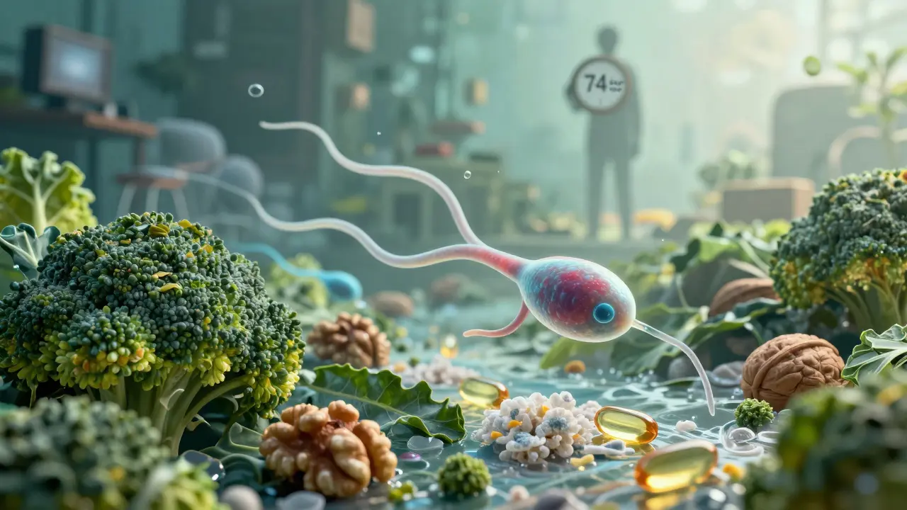 Spermie plave v prostředí zeleniny a ořechů, zatímco v pozadí se objevuje hodiny označené '74 dní'.