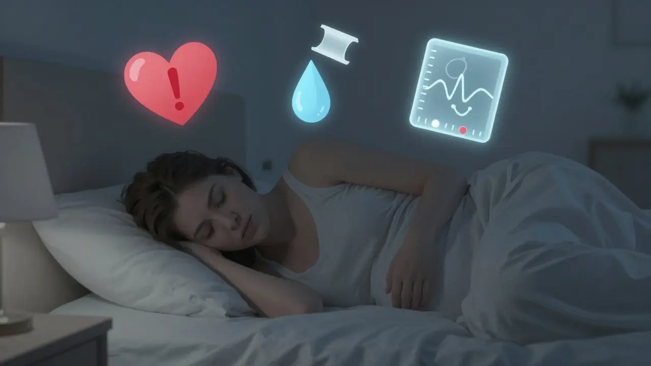 Těhotná žena v posteli v noci, kolem ní se vznášejí symboly varovných příznaků těhotenství ve stylu polopřehledné ilustrace.