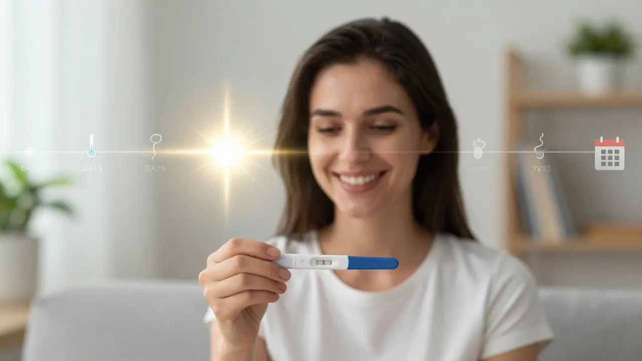 Žena drží pozitivní test na ovulaci s časovou osou za sebou.