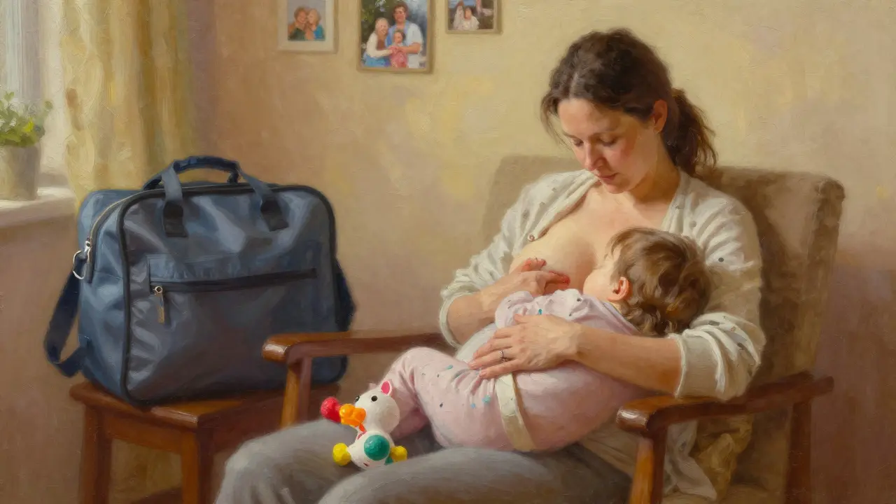 Žena kojí dítě a zároveň je těhotná, v klidném prostředí domácnosti.