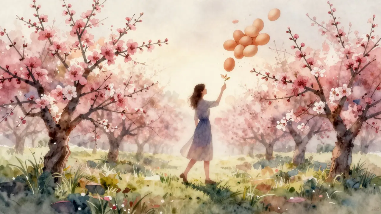 Žena kročí k zářícímu sadu, kde jedna květina se mění v více vajíček.