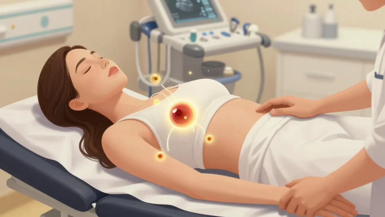 Žena podstupuje ultrazvuk vaječníků, partner drží její ruku.