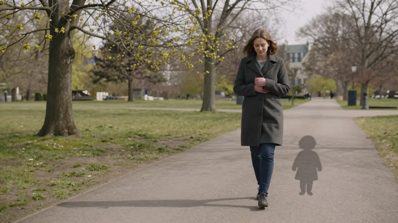 Žena prochází parkem, její stín má vedle sebe menší stín.