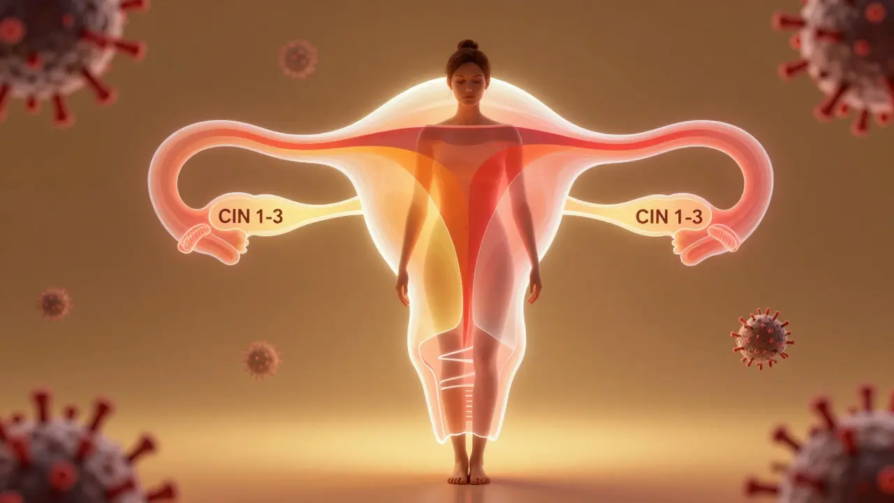 Žena stojí vedle průhledného děložního hrdla s barevnými zónami předrakovinných změn.