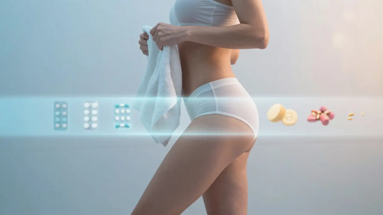 Žena v bavlněném spodním prádle po sprše, symbolická ochranná clona kolem těla.