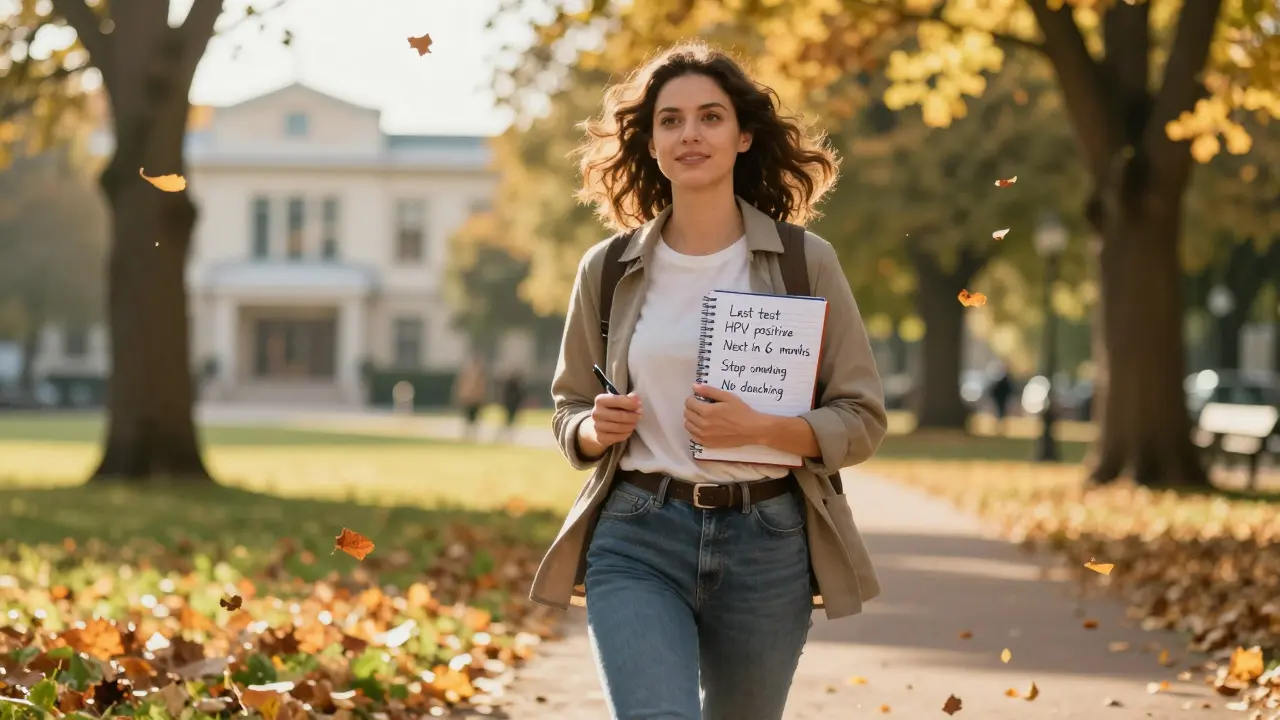 Žena v parku drží poznámky o cytologii, symbolizující péči o zdraví a pravidelné kontroly.