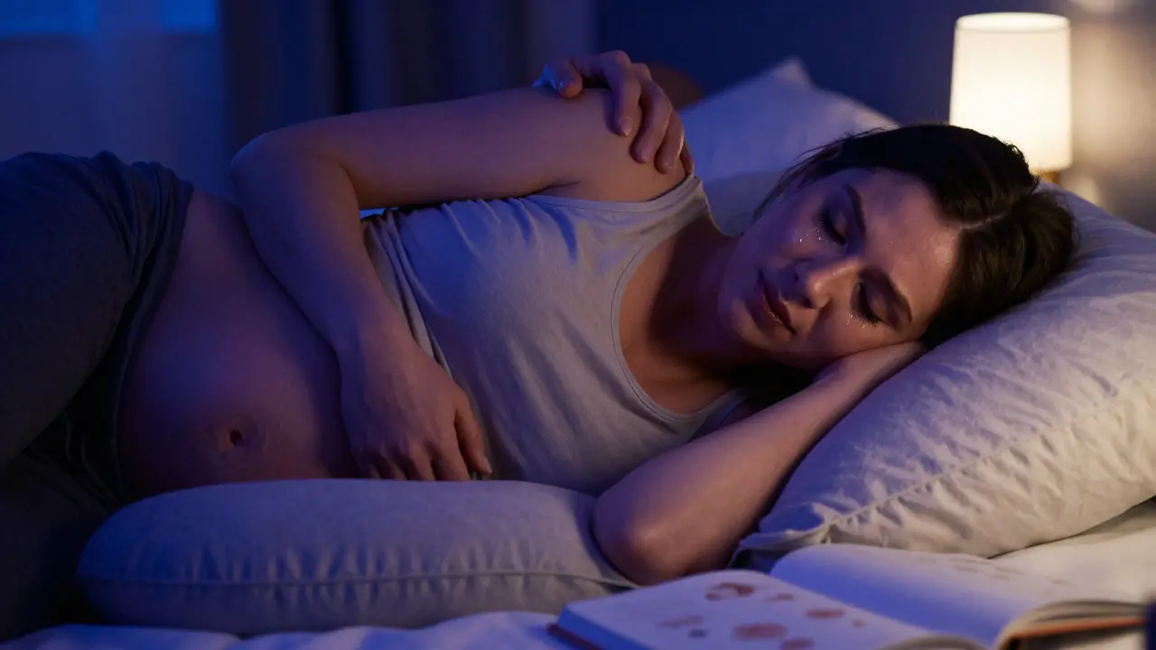 Žena v třetím trimestru leží v nočním osvětlení s pláčem a pohybem miminka pod kůží.