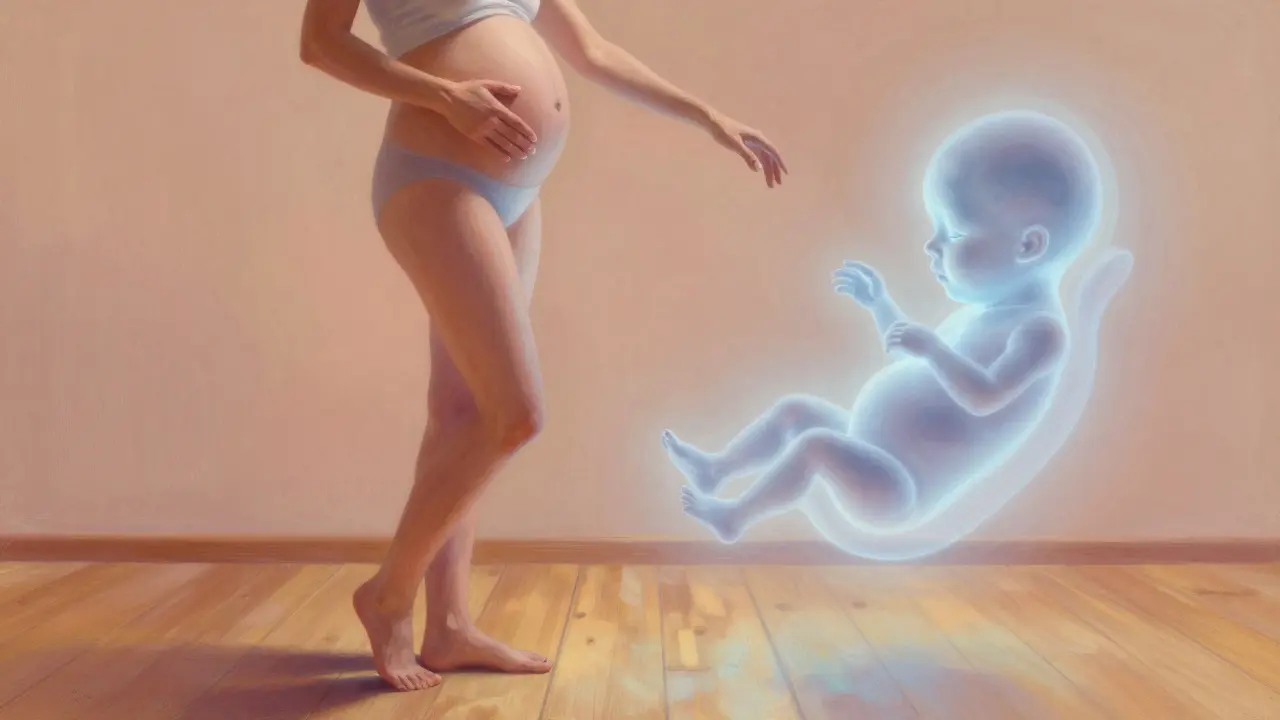 Žena ve druhém trimestru sleduje zářící siluetu plodu na svém břiše.