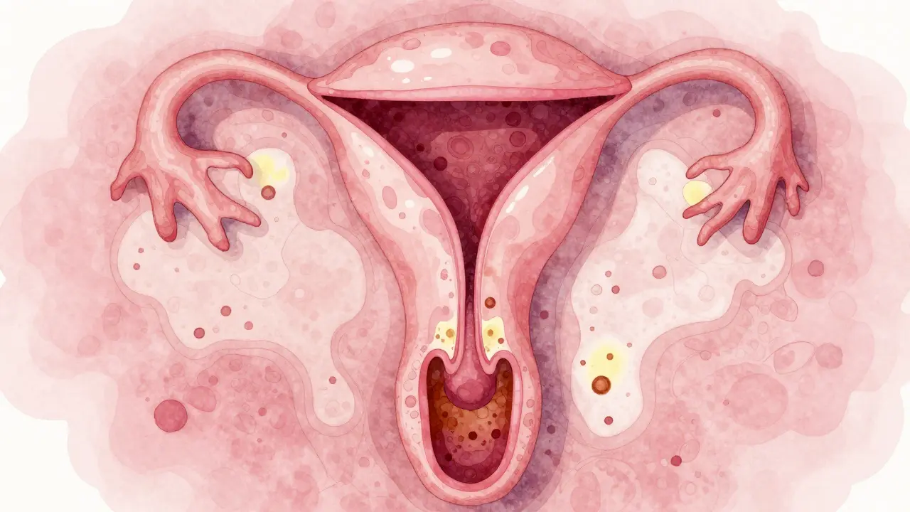Zvětšený pohled na děložní hrdlo s barvenými oblastmi ukazujícími zdravou a neobvyklou tkáň.