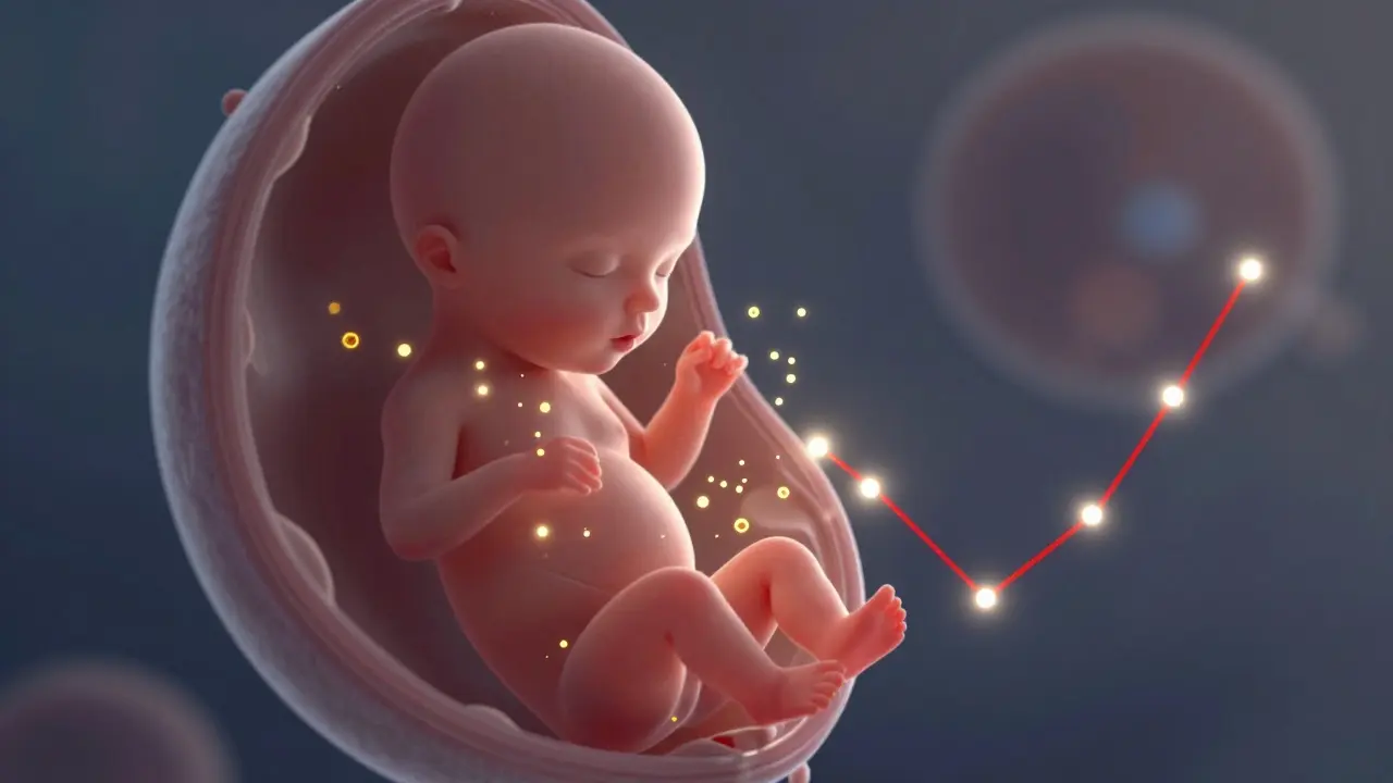 Abstraktní výhled na plod v děloze s hormonálními signály a snížením progesteronu.