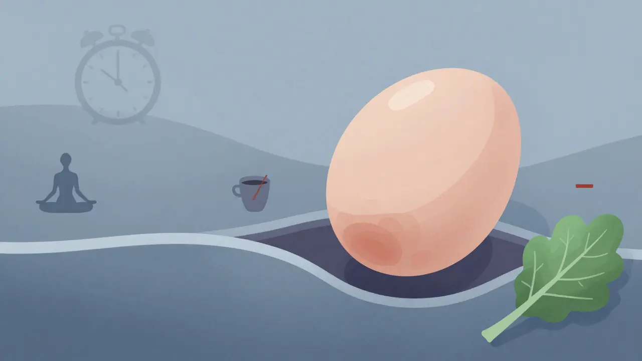 Abstraktní znázornění oplozeného vajíčka a děložní sliznice s symboly ovlivňujícími implantaci.