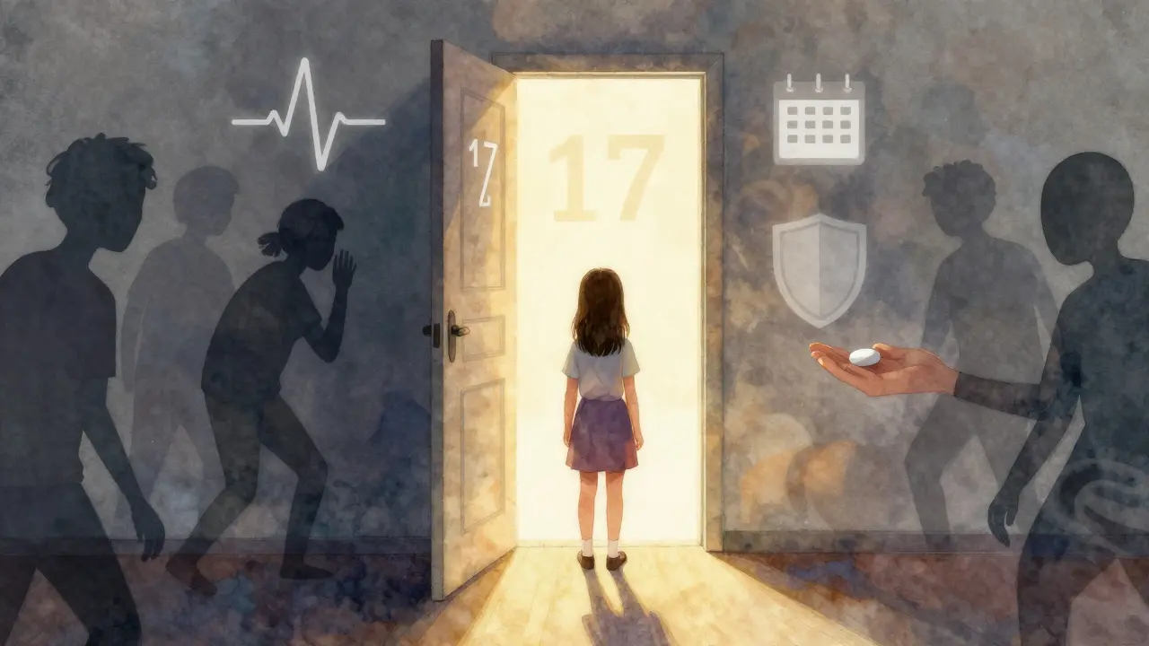 Dívka krokuje přes prah 17 let směrem ke zdraví a poznání.