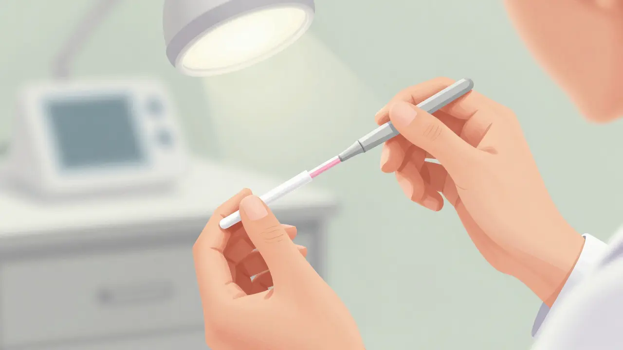 Důkladný pohled na jemné vzorkování buněk během PAP testu, s lékařkou v pozadí a měkkým osvětlením.