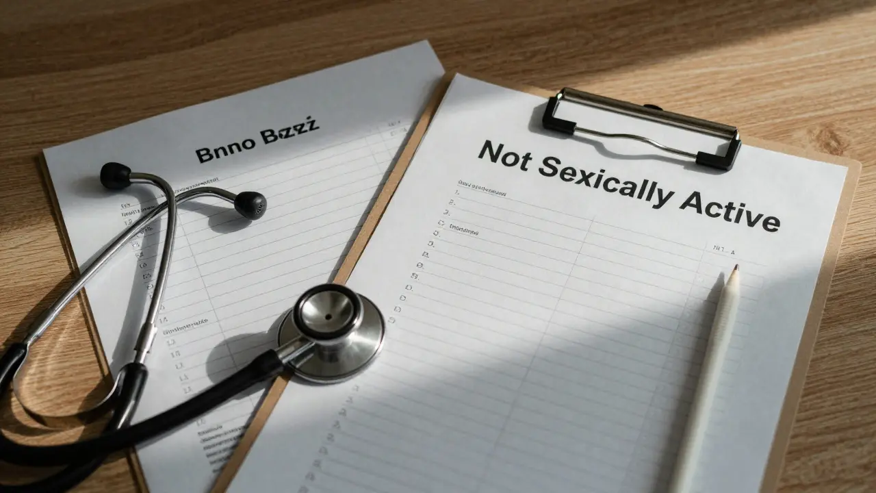 Dva lékařské dokumenty na stole s výrazem 'Not Sexually Active' a ultrazvukovým sondem