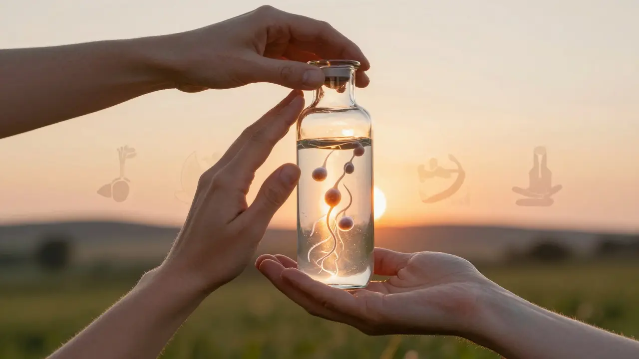 Dvě ruce drží skleněnou nádobu s spermiemi za východem slunce.