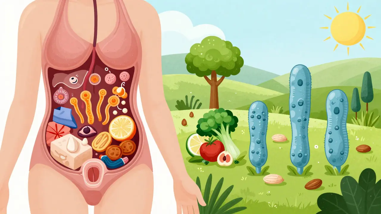 Ilustrace rovnováhy mikroflóry: kvasinky v cukerném prostředí vs. prospěšné bakterie v zeleném, čistém prostředí.