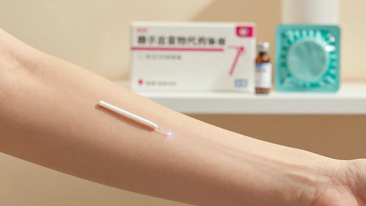 Implantát vložený pod kůži paže jako trvalá metoda antikoncepce.