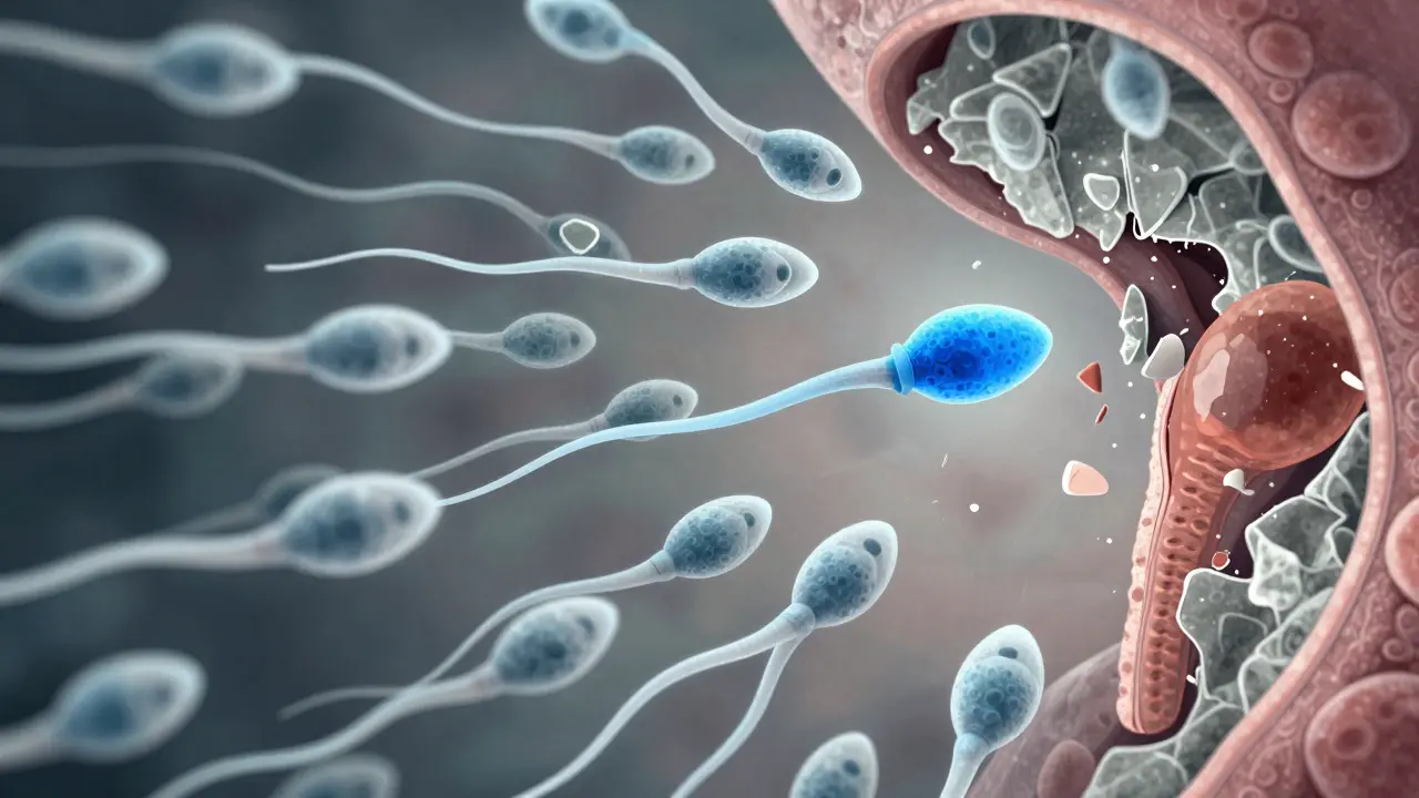 Mikroskopický pohled na pohyblivé spermie plavoucí v tekutině, s výrazným zvýrazněním zdravých buněk.