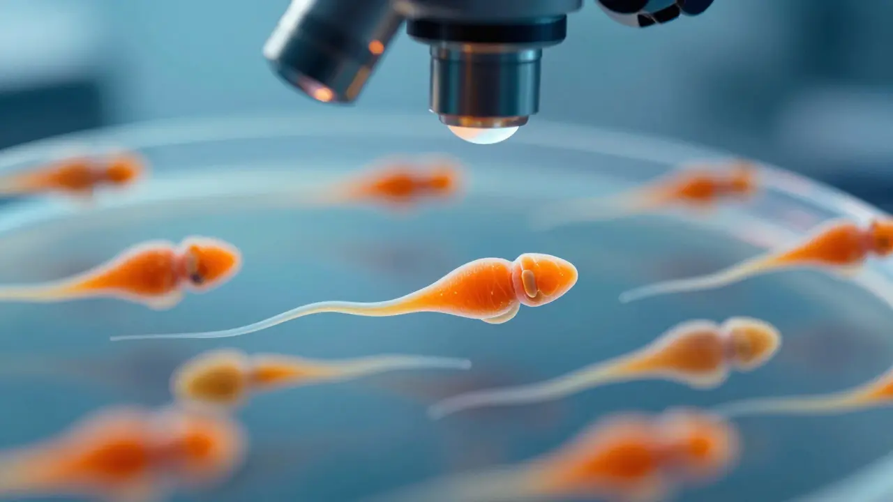 Mikroskopický pohled na pohyblivé spermie v laboratoři.