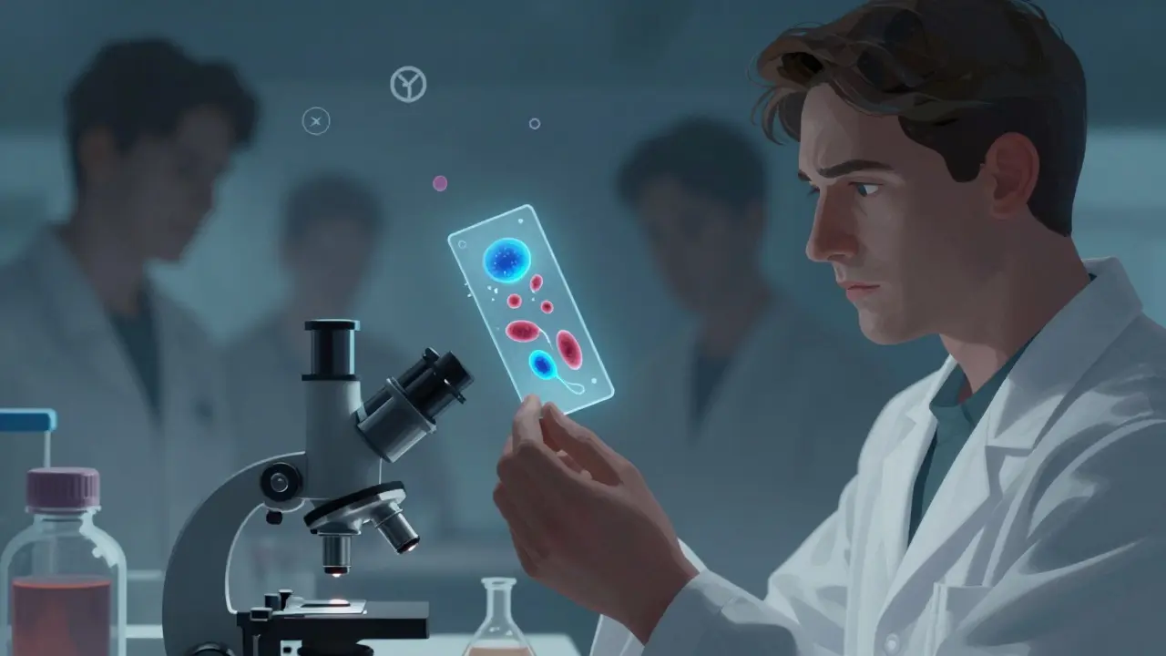 Muž s mikroskopem, který ukazuje zdravé a poškozené spermie, v pozadí toxiny.