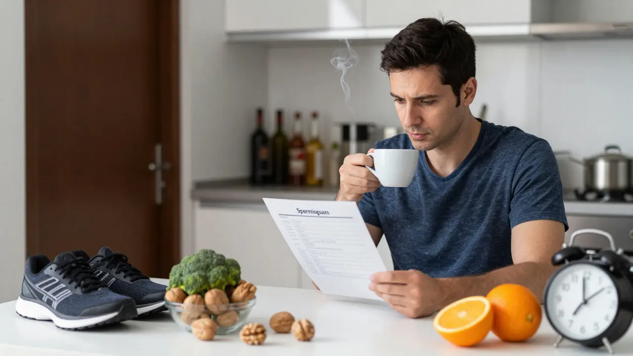 Muž si prohlíží výsledek spermiogramu u stolu, kolem něj zdravá jídla a zdravý životní styl.