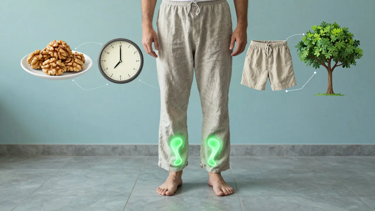 Muž v volných kalhotách stojí na chladném podlaze s vizuálními znaky zdravého životního stylu.