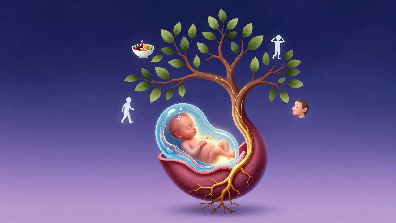 Placenta as a tree nurturing a glowing fetus, surrounded by symbols of healthy lifestyle.