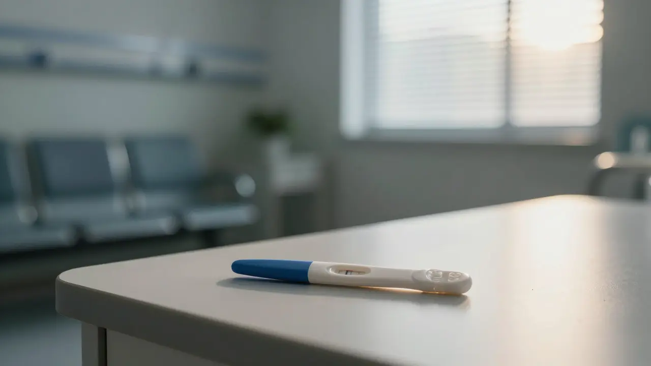 Prázdná lékárna s negativním těhotenským testem na stole ve večerním světle.