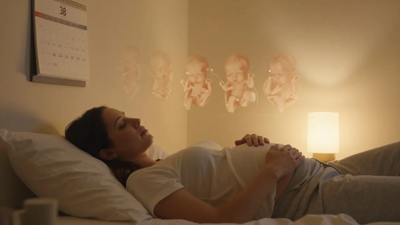 Pregnant woman gently touching her belly at night, with calendar showing 38-40 weeks.
