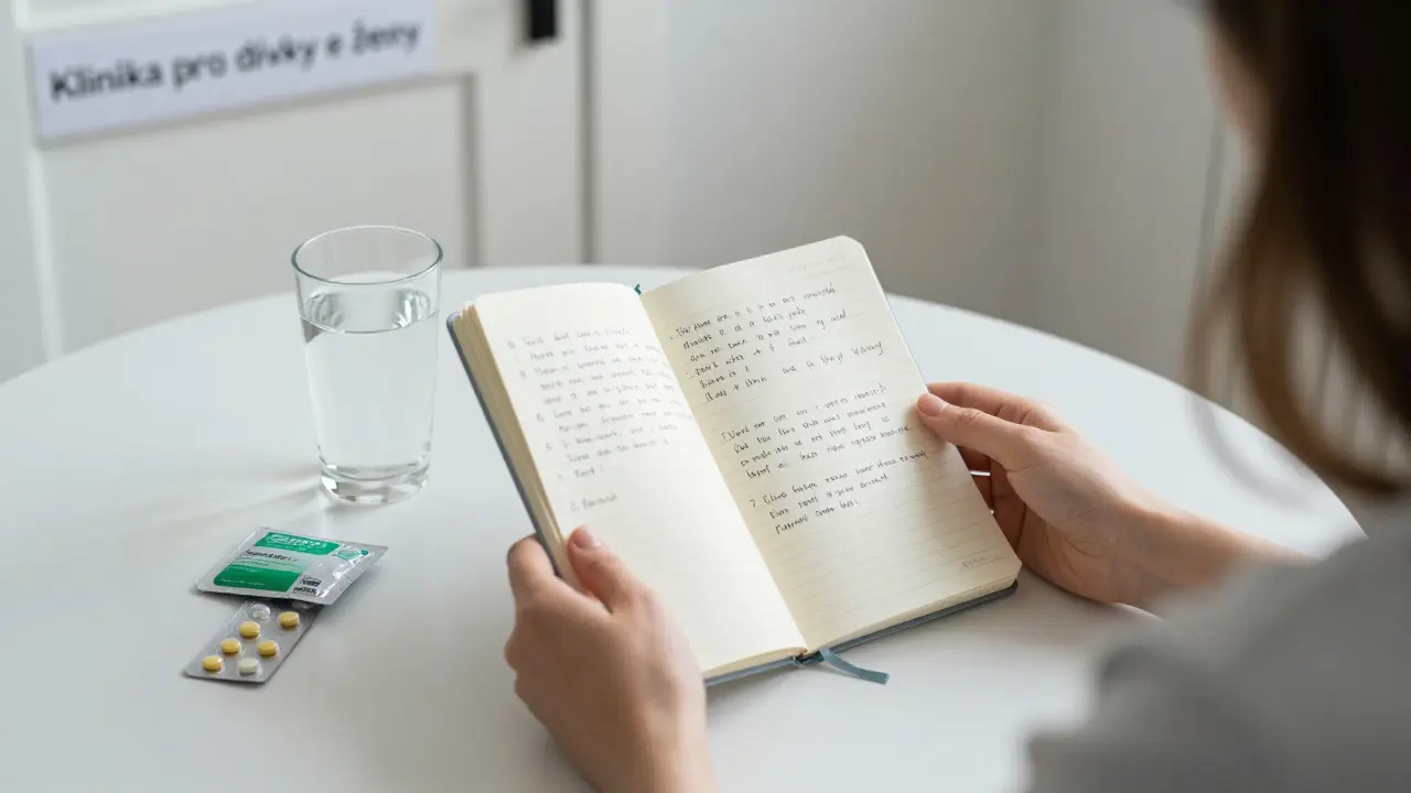 Rukou drží poznámky a zdarma dostupné antikonceptivum.
